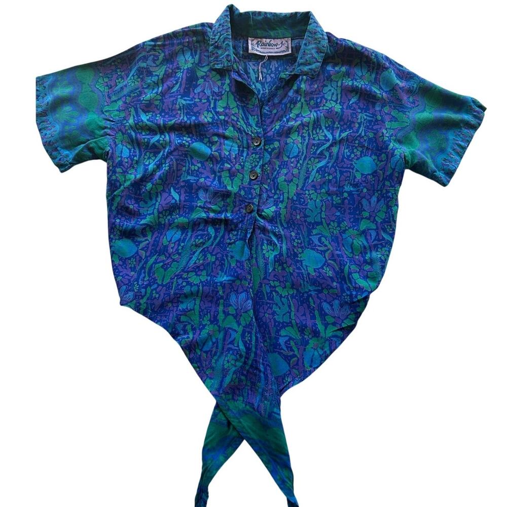 Rainbow Jo Hawaii Abstract Floral Tie-Front Crop Top 100% Rayon Blue Green Large